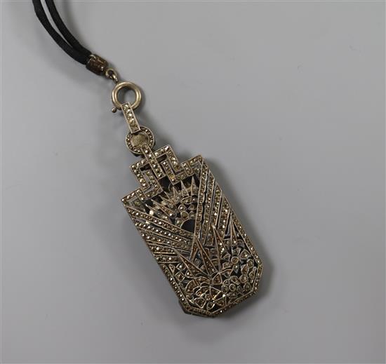 A 1930s Art Deco French white metal and marcasite mounted lorgnettes/pendant, with fabric necklace, 66mm.